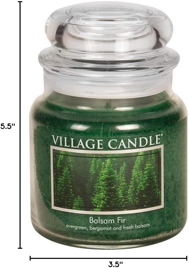 Village Candle Balsam Fir Medium Glass Apothecary Jar Scented Candle, (16 oz), Green
