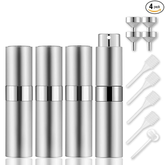 Lil Ray 8ml Portable Mini Perfume Atomizer(4 PCS)，Refillable Empty Small Spray Bottle for Travel, Twist Type Pocket Cologne Sprayer (Silver)