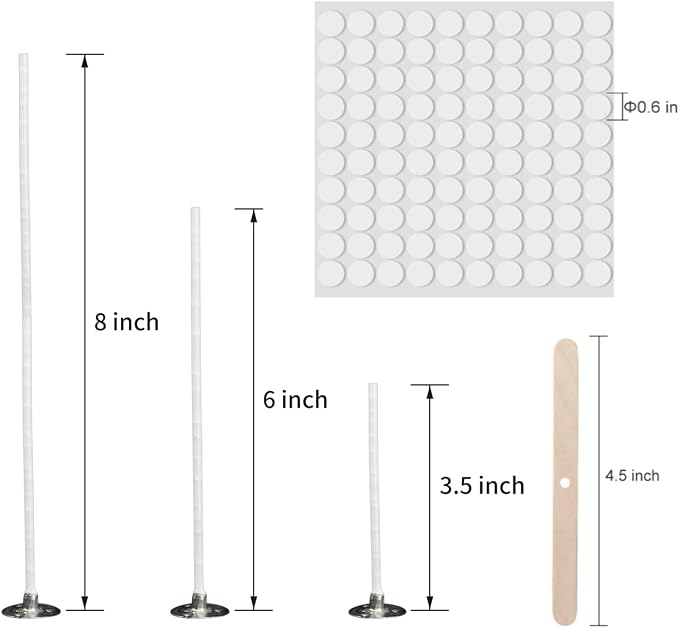buluker 300Pcs Functional Smokeless Candle Wicks - Pre Waxed Cotton Wick with Metal Sustainer Tabs for Pillar Candle Making and DIY, 9cm/3.5in, 15cm/6in, 20cm/8in