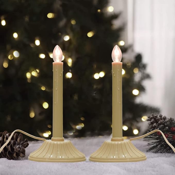 GOOTHY 1 Light Electric Window Candles, 2 Pack Christmas Candle Lights with 4 C7 Clear Bulbs(2 Spare), Plug in Electric Candles for Window Christmas Weddings Home Table Decorotions, Ivory -2 Pack