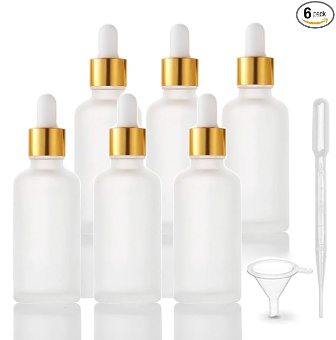 6 Pack Drop Bottle for Essential Oils, Empty Glass Holder With Glass Eye Dropper, Golden Cap Travel Perfume Container - Pipette & Funnel included (50ml/1.7 fl oz)