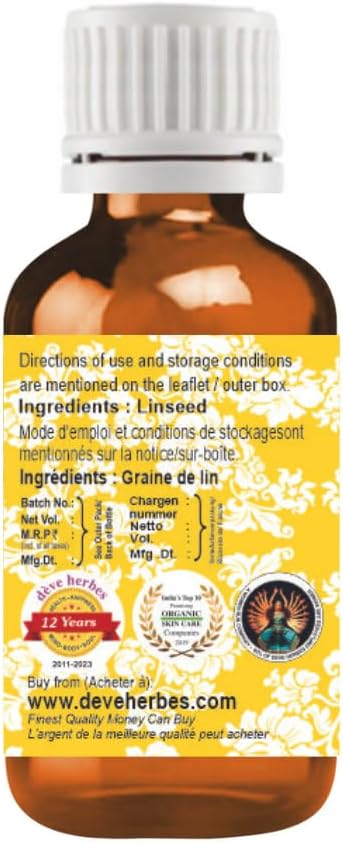 Deve Herbes Linseed Oil (Linum usitatissimum) | Cold Pressed | Pure | Natural | Undiluted | for Diluting Essential Oils | for Skin & Massage | Non-Sticky| Lightweight| Men & Women | 100ml (3.38 oz)