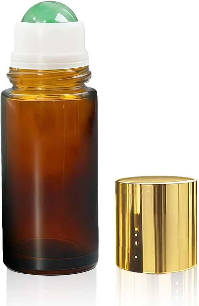 Green Aventurine Roller Bottles for Essential Oils, 50ml Refillable Amber Glass Roll On Bottles with Natural Crystal Roller Balls, Leak-Proof Travel Perfume Bottle with Gold Caps