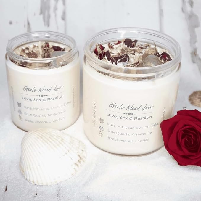 BlkGrlMagick Rose Quartz Self Love Manifestation Crystal Candle, Sea Salt and Orchid Scented Amazonite,Rose Petals, Hibiscus, Organic Soy Candles, Handmade, Black Owned Spiritual Gifts (8oz Tin)
