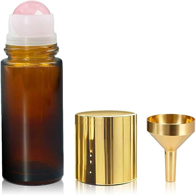 Rose Quartz Roller Bottles for Oils, 50ml Refillable Amber Glass Roll On Bottles with Natural Crystal Roller Balls, Leak-Proof Travel Perfume Bottle with Gold Caps