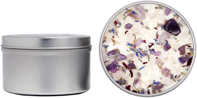 Stress Relief Candle by New Moon Beginnings - Lavender Scented Candle - Dried Flower & Crystal Candles - All Natural Essential Oil Soy Candle (8 Ounce Round Tin)