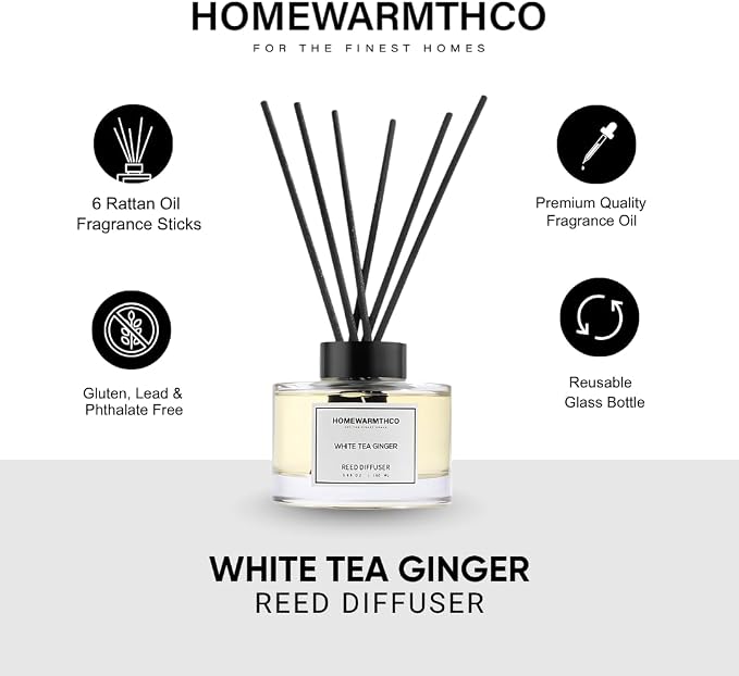 White Tea Amber Reed Diffuser Set–Luxury Natural Fragrance Reed Diffusers for Hotel, Office, Bathroom, Kitchen, Home & Shelf Decor Long Lasting Scent with Non-Toxic Oils Gift Ready 5.63 oz 160ml