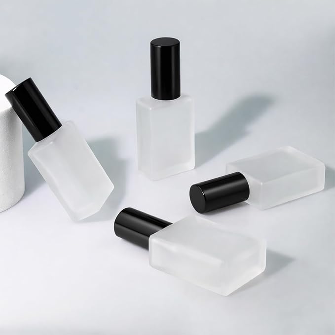 8Packs 15ml/0.5OZ Frosted Glass Perfume Spray Bottles Flat Square Refillable Fine Mist Atomizer with Black Cap Empty Travel Perfume Bottles for Essential Oils, Cologne, DIY Fragrance