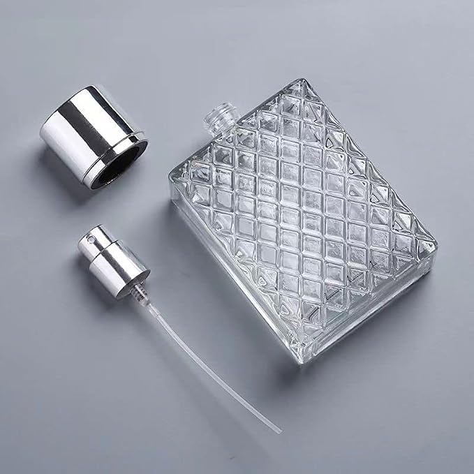 2 Pack 100ml Glass Perfume Atomizer,Square Lattice Perfume Spray Bottle with Silver Aluminum Sprayer,Portable Fragrance Fine Mist Spray Bottle for Travel