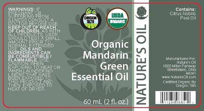Nature's Oil 100% Pure Certified Organic Mandarin Green Essential Oil - 60ml