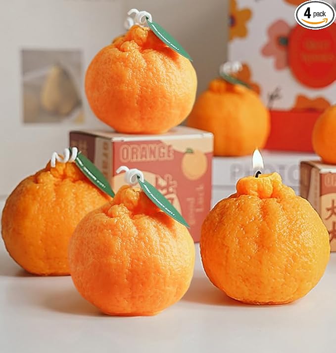 4 Pack Large Orange Shaped Fruit Candles Gift, Vegan Citrus Scented Candles, Spring Summer Mother's Day Farmhouse Table Decor, Tiered Tray Centerpiece, Housewarming Thanksgiving Party Favors