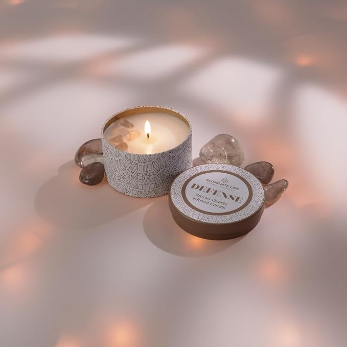 Luxury Candle Tin, 6 OZ, Defense - Smoky Quartz Crystal Infused - Scents of Frankincense, Neroli, & Sage - Detoxify, Ground, & Fortify - Coconut Wax Blend, Essential Oils