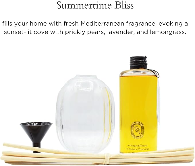 Diptyque Citronelle (Lemongrass) Reed Diffuser Gift Set:: Glass Vessel, Six Rattan Reeds, Diffuser Oil 6.8 oz