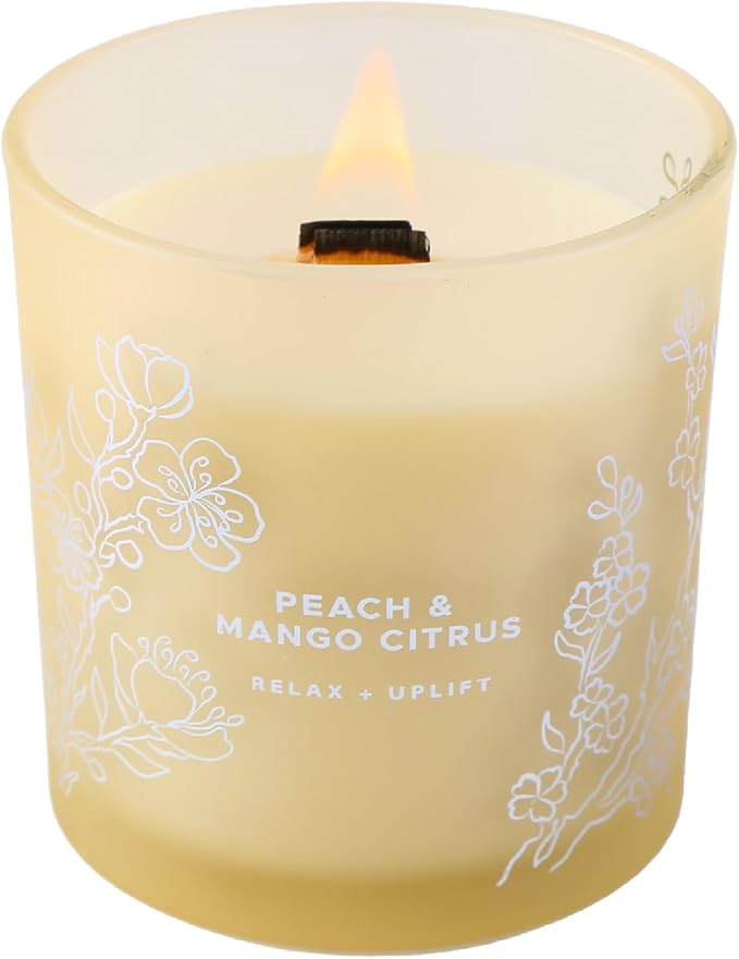 Peach Mango Citrus Candle, 10.6oz Wood Wick Soy Scented Candles for Home, Juicy Tropical Scent, Highly Scented Aromatherapy Relaxation Candle, Summer Gift for Women & Men