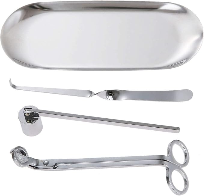 MUXSAM 4 in 1 Candle Accessory Set - Candle Wick Snuffer, Candle Wick Trimmer, Candle Wick Dipper, Storage Tray Plate, Candle Care Tools Kit Gifts for Scented Candle Aromatherapy Lovers - Silver