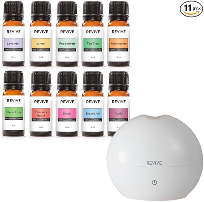Starter Kit with Halo Diffuser by Revive Essential Oils - 100% Pure Therapeutic Grade, for Diffuser, Humidifier, Massage, Aromatherapy, Skin & Hair Care