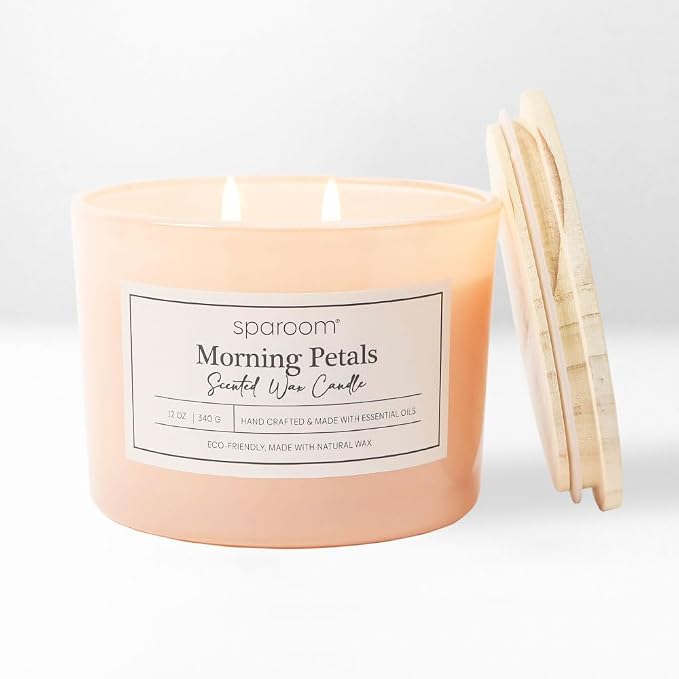 Sparoom Candle Morning Petals Scented 2 Wick Candle, 12 oz Long Lasting Non Toxic Clean Burn, Color Glass with Wooden Lid