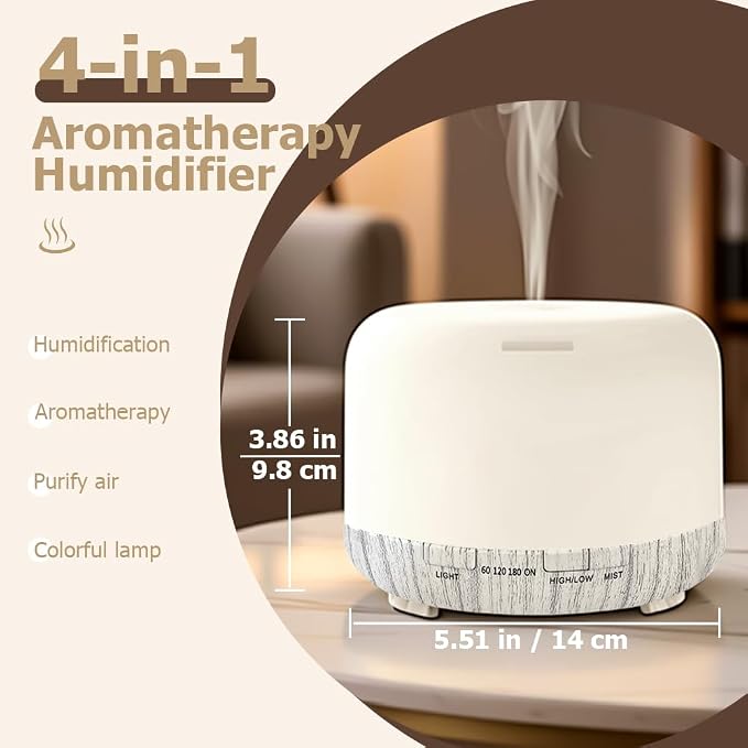 500ml Premium Essential Oil Diffuser,Quiet 4-in-1 Ultrasonic Aromatherapy Humidifier,7 Color LED Lights,with Adjustable Automatic Timer Off Function and Spray Mode. (White Woodgrain,Mini Model)