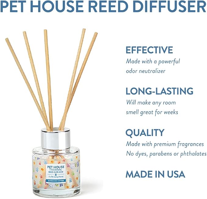 Pet House Sunwashed Cotton Scented Reed Diffuser with Bamboo Sticks, Long Lasting Pet Air Freshener - Clean Linen Diffuser for Home