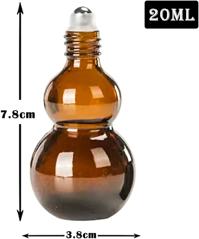 Essential Oil Roller Bottles, 20ml Amber Gourd Shaped Glass Roller Bottles with Stainless Steel Roller Ball, for Travel,Perfume (Amber-Gold Cap, 20ML)