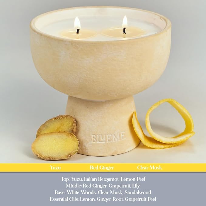 Blueme Happiness Candle | Yuzu & Ginger | 2 Wick - Refillable Wellness Candle with Essential Oils, Hand Finished & Poured Soy Wax Blend Ceramic Vessel, Natural Cotton Wicks | Medium 12 oz