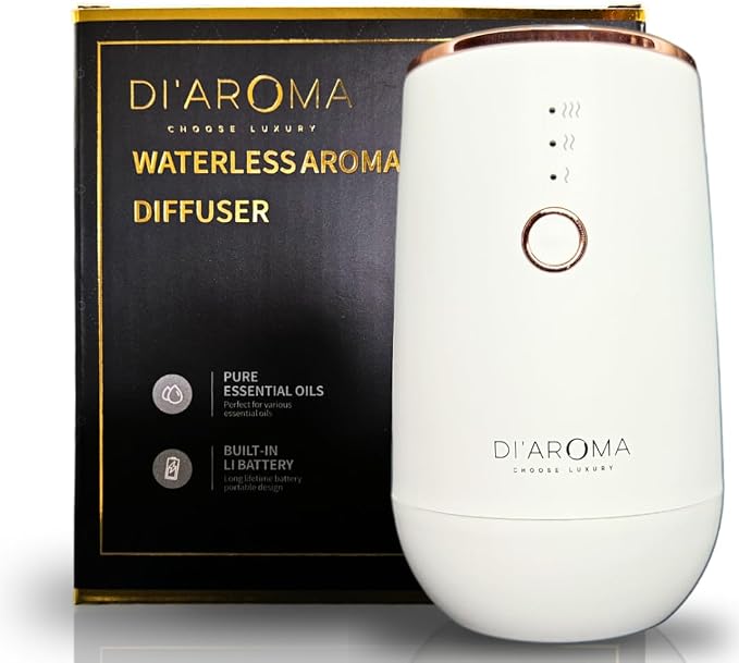 Waterless Essential Oil Diffuser – Portable Nebulizing Aroma Oil Diffuser for Car, Home & Office, USB Rechargeable, Silent Operation, No Water Needed, Di'Aroma (White)