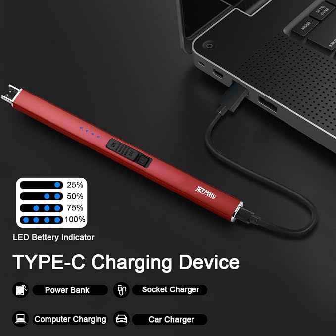 Electric Arc Windproof Lighter Flameless USB Rechargeable Lighter with Safety Lock for Candle BBQ Camping (Red)
