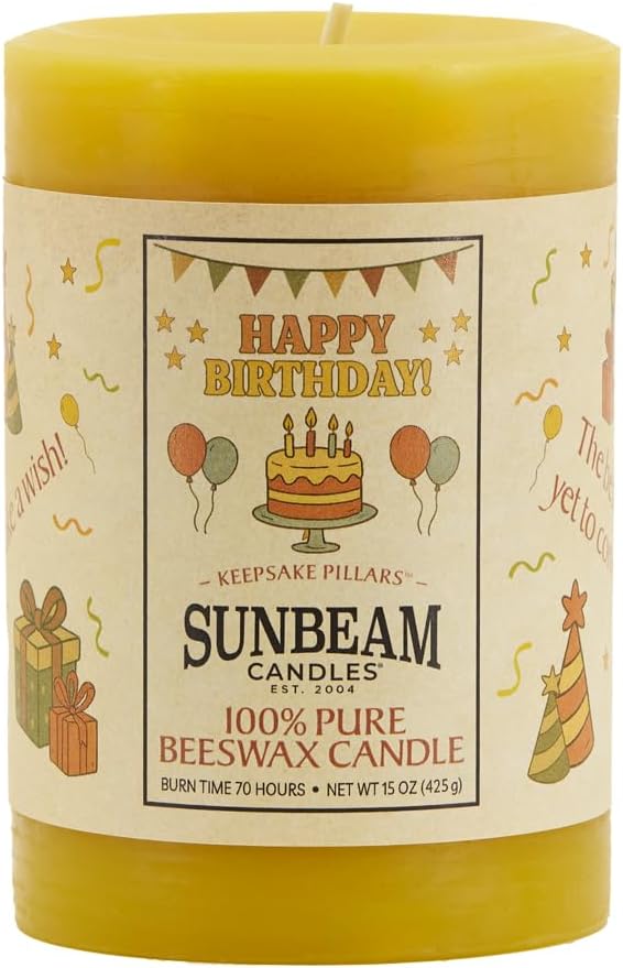 Sunbeam Candles 100% Pure Beeswax Pillar Candles | Long Burning All Natural Non-Toxic Beeswax Candles | Made in USA (Keepsake Birthday, Natural Gold, 3"x4.25")