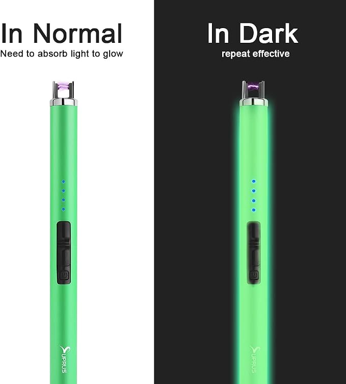 SUPRUS Fluorescent Lighter Glows in The Dark USB Lighter Rechargeable Windproof Pocket Size for Candle Cooking BBQ in Party (Green)