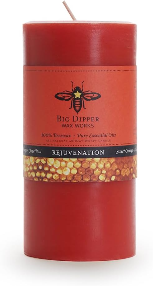 Big Dipper Wax Works 100% Pure Beeswax Pillar Candle, Rejuvenation (Sweet Orange & Clove Bud) Aromatherapy Candle with Pure Essential Oil, Non Toxic Natural Candle, 90 Hour Burn, Medium 3" x 6"