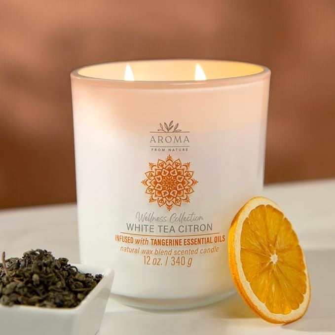 House of Velas, Aroma from Nature Wellness Collection Candle, 12 oz, 2 Cotton Wicks, White Tea Citron, Large Painted Jar