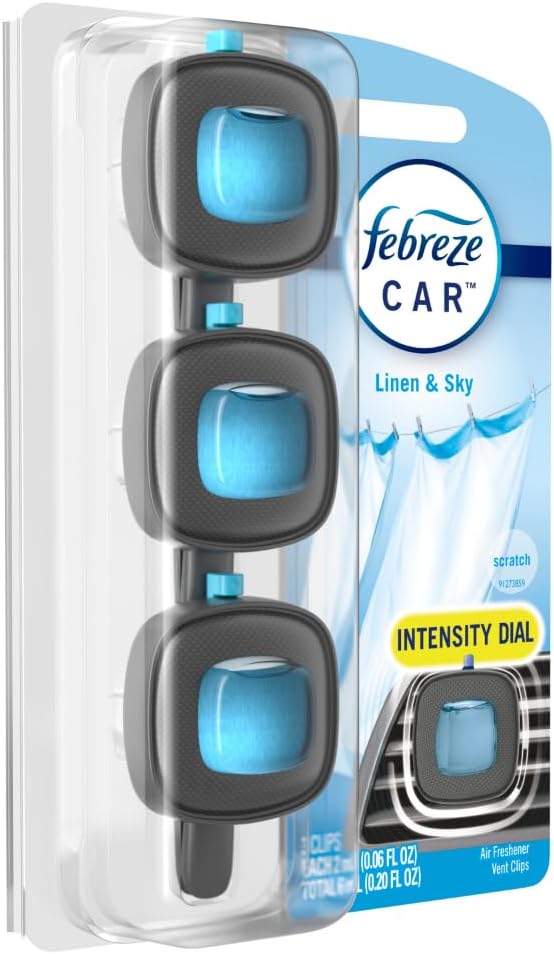 Febreze Car Air Freshener, Odor-Fighting Automotive Vent Clip, Linen & Sky Scent, 3 Count