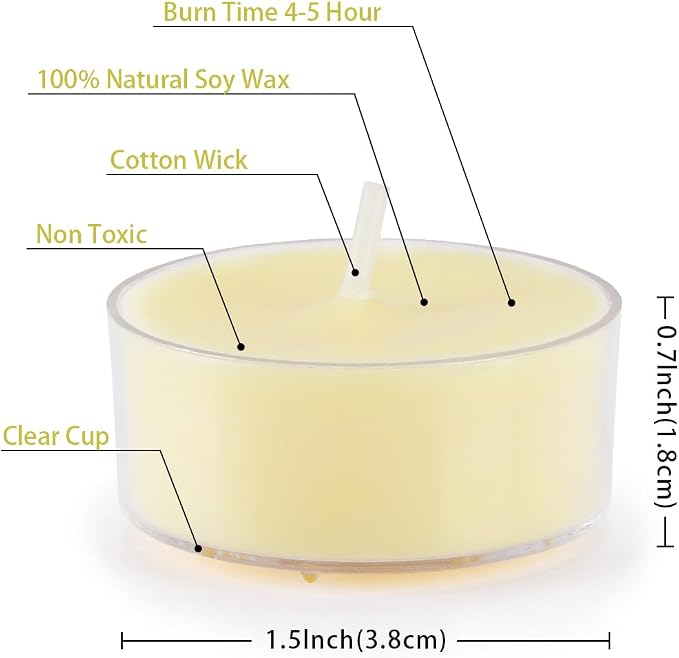 Natural Citronella Tea Light Candles, Tiny Soy Wax Aromatherapy Citronella Tealights Set of 24-4 Hours Burning - Great Gift for Summer Outdoors Indoors Home Garden Patio Balcony
