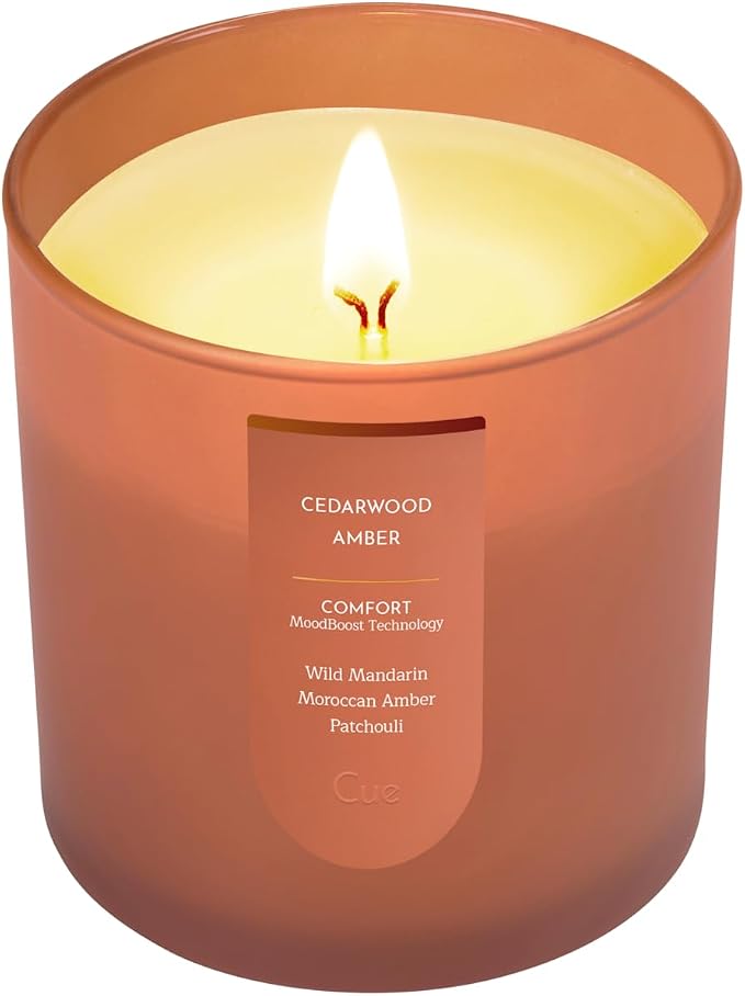 CUE Scented Candle |MoodBoost Essential Oils |OpenWick Clean Burning Candle | Soy Coconut Wax Blend | Candle for Home | Gift |Extended Burn Time (8.5oz, Cedarwood Amber)