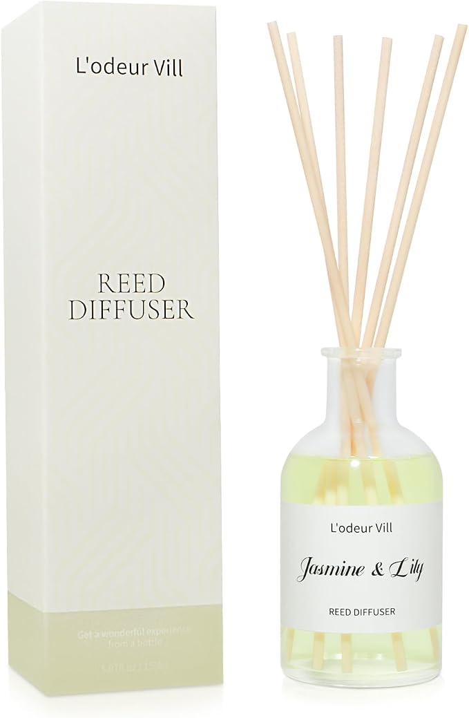 L'odeur Vill Reed Diffuser Set, 5.07 fl oz(150ml) Jasmine & Lily Reed Diffuser for Home Bathroom Diffuser with Long Lasting Scent Diffuser with 6 stricks Shelf Decor