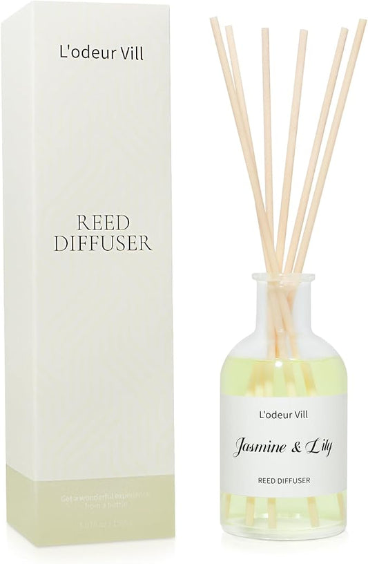 L'odeur Vill Reed Diffuser Set, 5.07 fl oz(150ml) Jasmine & Lily Reed Diffuser for Home Bathroom Diffuser with Long Lasting Scent Diffuser with 6 stricks Shelf Decor