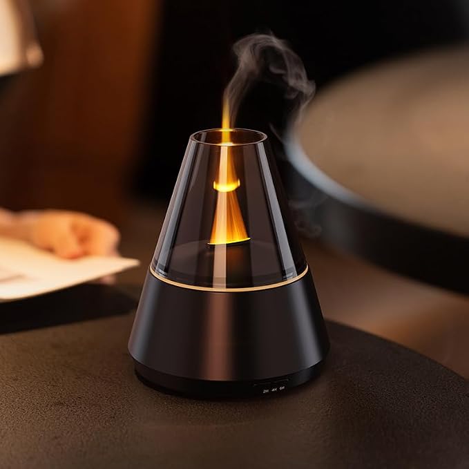 Ultrasonic Aroma Diffuser with Simulated Flame, 150ml, Timer and Auto-Off, LED Ambient Light (Black)