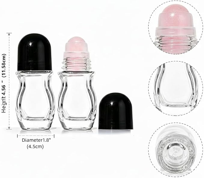 2 Pcs 50ml Glass Roll On Bottles with Jade Roller Balls Leak-Resistant Design for Essential Oils, Perfume & DIY Deodorant Refillable, Includes Funnel & Opener ( Oval) (50ML Pink transparent bottle)