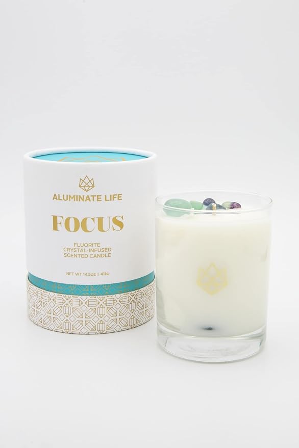 Luxury Glass Jar Candle, 14.5 OZ, Focus - Fluorite Crystal Infused - Scents of Orange, Ginger, Ylang-ylang, & Lavender - Awareness, Mental Order, & Clarity - Coconut Wax Blend