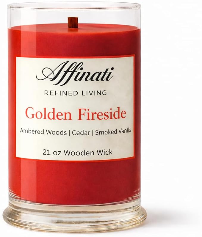 Affinati Golden Fireside Large Scented Candle, 21 oz Wooden Wick Tumbler – Highly Fragrant Extra Long Burning Warm Smoky Fragrance, Soy Luxury