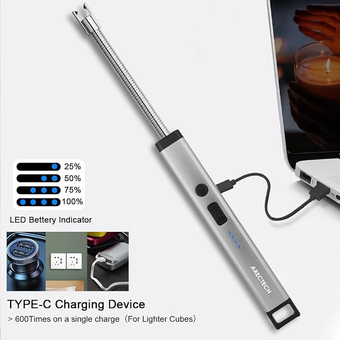 ARECTECH Candle Electric Lighter Rechargeable USB Arc Lighter for Candle Camping Fireworks Christmas Birthday Gifts with LED Light for Men Women Silver