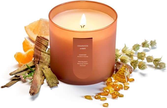 CUE Scented Candle |MoodBoost Essential Oils |OpenWick Clean Burning Candle | Soy Coconut Wax Blend | Candle for Home | Gift |Extended Burn Time (14oz, Cedarwood Amber)