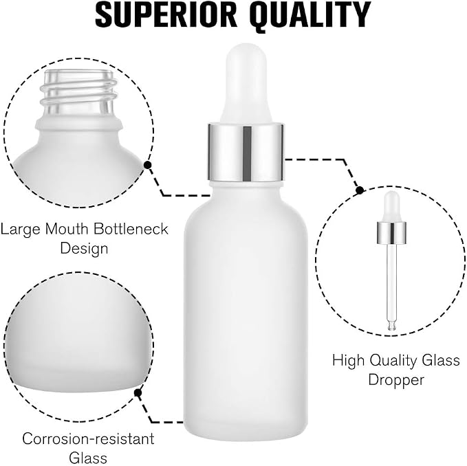 PrettyCare Glass Dropper Bottles Set of 99, 1oz (30ml) Frosted Empty Thick Bottles Bulk with Leakproof Silver Caps - With Labels & Funnels for for Storage, Travel,Essential Oils, DIY Serums