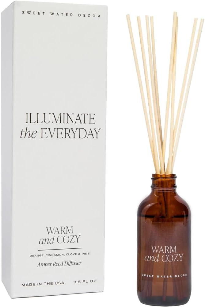 Sweet Water Decor Warm and Cozy Reed Diffuser Set - Orange, Cinnamon, Clove, and Pine Winter Scented Diffuser - Scent Diffusers for Home, Long Lasting Fragrance, Made in The USA
