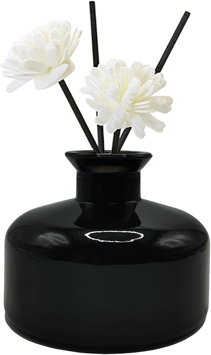 1Pcs 200ml/6.8oz Round Glass Diffuser Bottle Aromatherapy Bottle Essential Oils Container Decorative Diffuser Jars for Home Fragrance Accessories (Black)