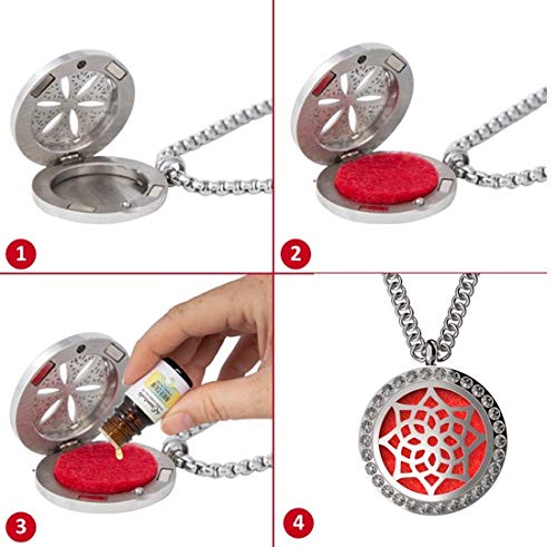 Wild Essentials CZ Flower Necklace Essential Oil Diffuser Kit with Lavender, Lemongrass, Peppermint, Orange Oils, 12 Refill Pads, Calming Aromatherapy Gift Set, Customizable Color Changing, Perfume