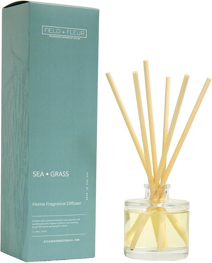 Field + Fleur - Reed Diffuser Set - Home Fragrance Diffuser - Refresh Home, Bedrooms, Bathrooms & More - Notes of Blackcurrant, Jasmine & Sandalwood - Made in the USA - Sea Grass Scent - 4 oz