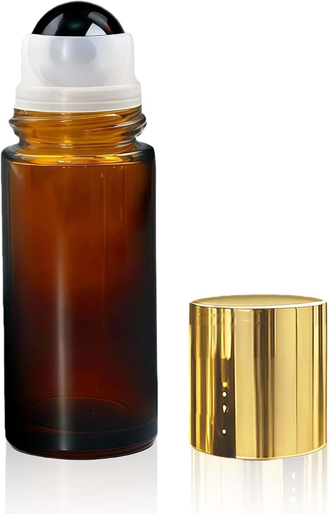 Obsidian Roller Bottles for Essential Oils, 50ml Refillable Amber Glass Roll On Bottles with Natural Crystal Roller Balls, Leak-Proof Travel Perfume Bottle with Gold Caps