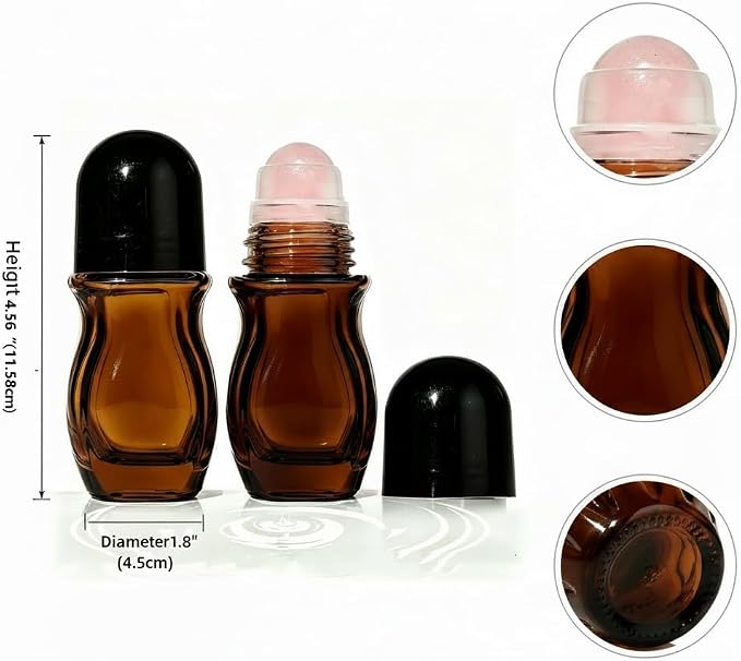 2 Pcs 50ml Glass Roll On Bottles with Jade Roller Balls Leak-Resistant Design for Essential Oils, Perfume & DIY Deodorant Refillable, Includes Funnel & Opener (Oval) (50ML Pink amber bottle)