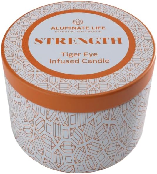Luxury Candle Tin, 6 OZ, Strength - Tiger Eye Crystal Infused - Scents of Cedarwood, Amber, & Sage - Power, Courage, & Expansion - Coconut Wax, Essential Oils, Dr. Developed